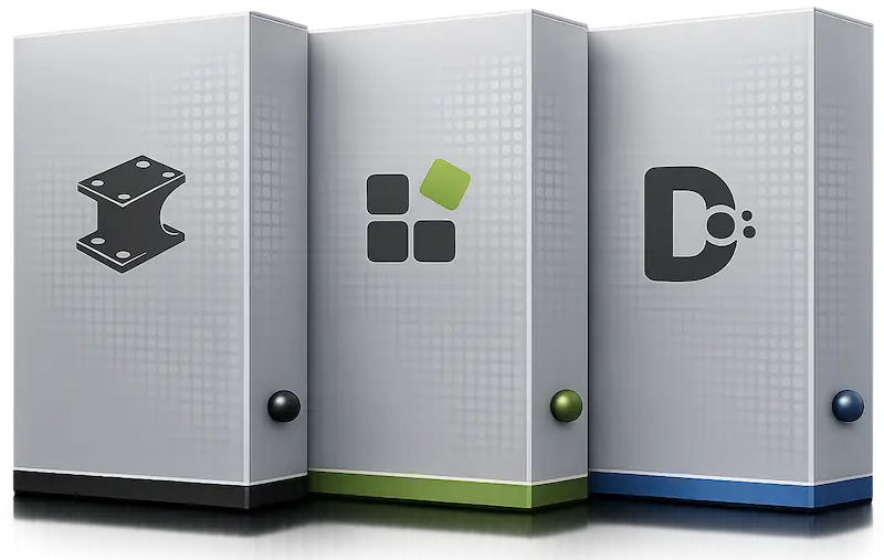 Drie lichtgrijze softwareboxen naast elkaar met subtiele stippenstructuur, elk voorzien van een donker logo en een gekleurde onderrand (zwart, groen en blauw), weergegeven in een strakke 3D-stijl.