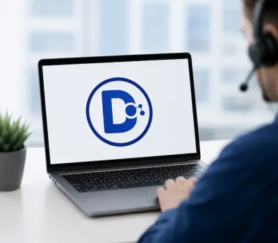 Support op afstand Supportmedewerker van Dynfos helpt een klant op afstand via laptop met Dynfos supportsoftware op het scherm.