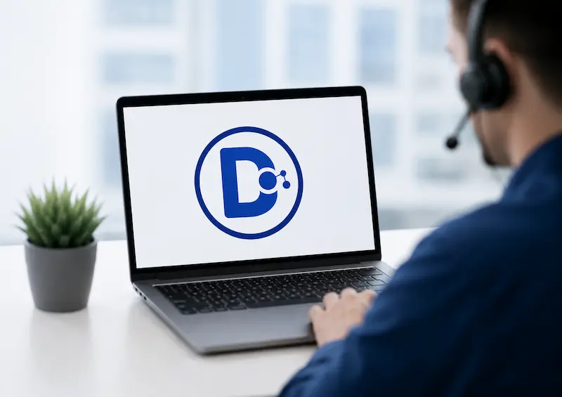 Support op afstand Supportmedewerker van Dynfos helpt een klant op afstand via laptop met Dynfos supportsoftware op het scherm.