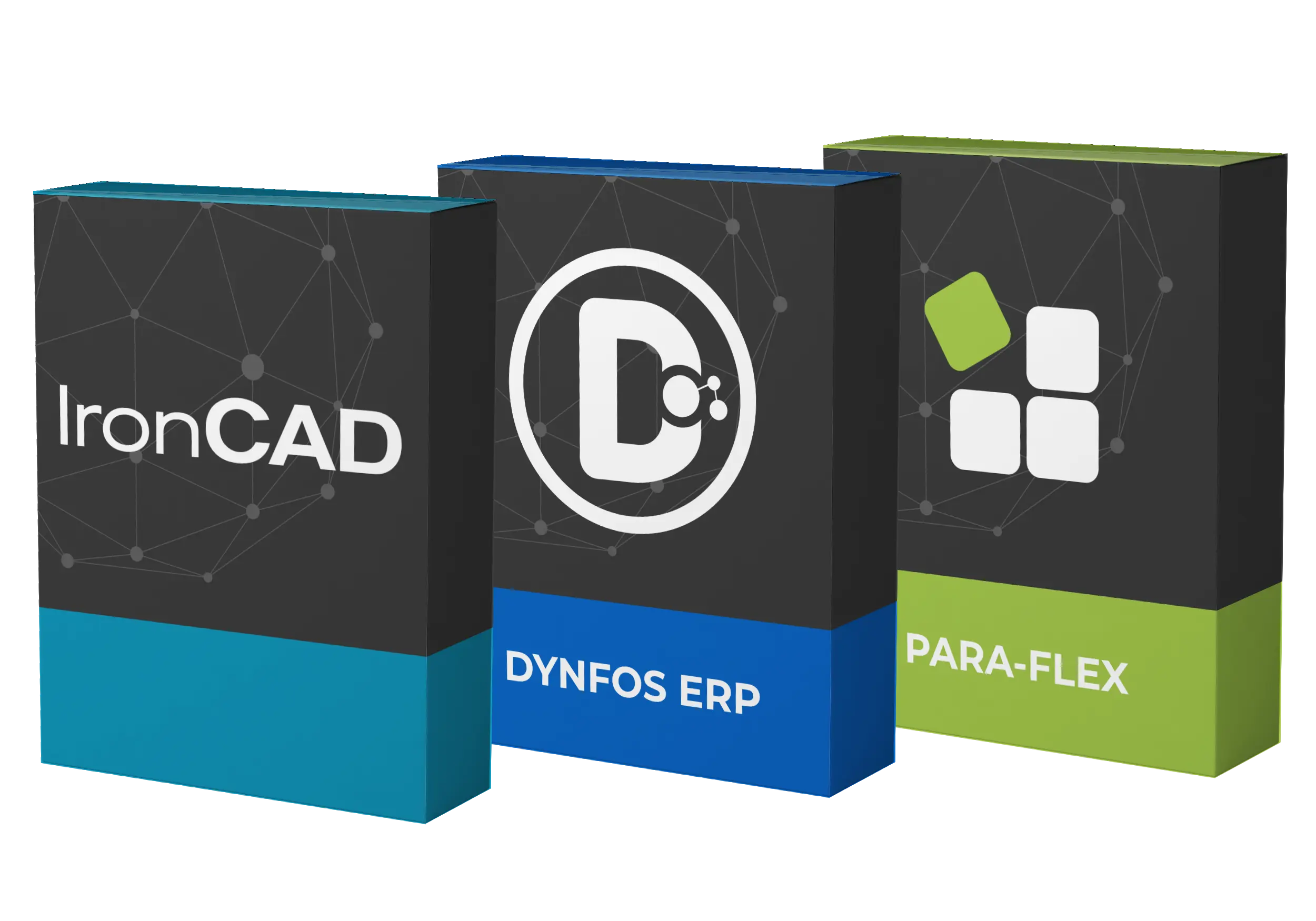 Verpakking van drie softwareproducten Verpakking van drie softwareproducten: IronCAD, Dynfos ERP en Para-Flex, gepresenteerd in 3D-weergave.
