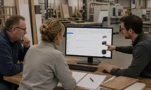 Dynfos ERP demo in werkplaats Drie professionals bespreken een ERP-softwaredemo in een moderne houtbewerkingswerkplaats. Op een computerscherm staat Dynfos ERP zichtbaar met productgegevens en 3D-meubelvisualisaties, terwijl de deelnemers samenwerken aan productie- en interieurbouwprocessen tussen machines, houten platen en technische tekeningen.