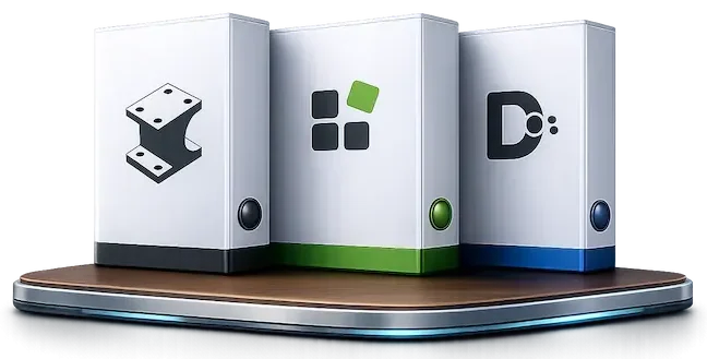 Drie moderne softwareboxen staan op een subtiel afgerond podium met een houten bovenlaag, metalen rand en zachte blauwe ledverlichting. De witte verpakkingen hebben elk een eigen logo en accentkleur — zwart, groen en blauw — wat zorgt voor een strakke en professionele uitstraling. De organische vormen en afgeronde hoeken van het podium geven de compositie een elegante en herkenbare high-end softwarepresentatie.