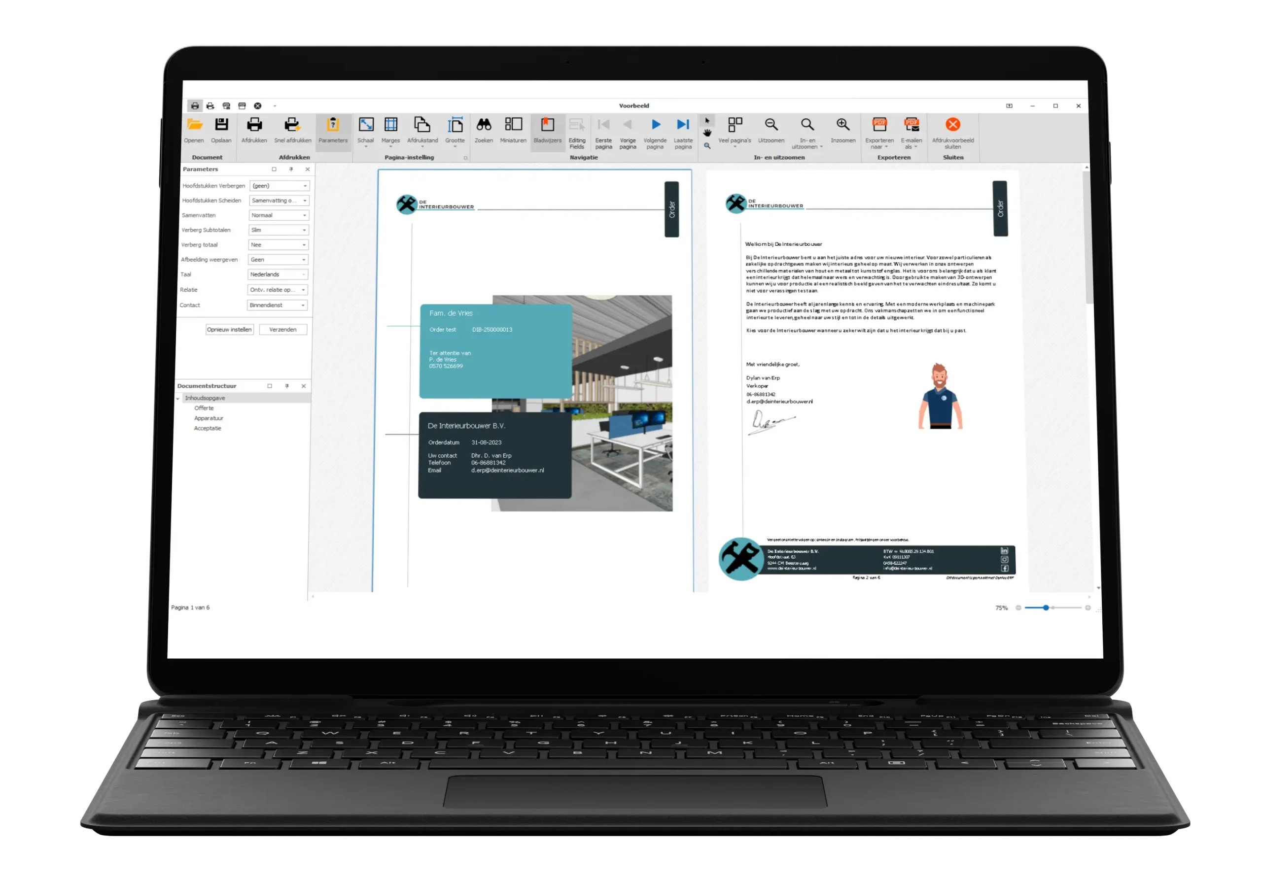 Laptop met geopende ERP-software waarin een klantofferte en begeleidende brief worden weergegeven, inclusief klantinformatie, projectvisualisatie en opmaakinstellingen in de zijbalk.