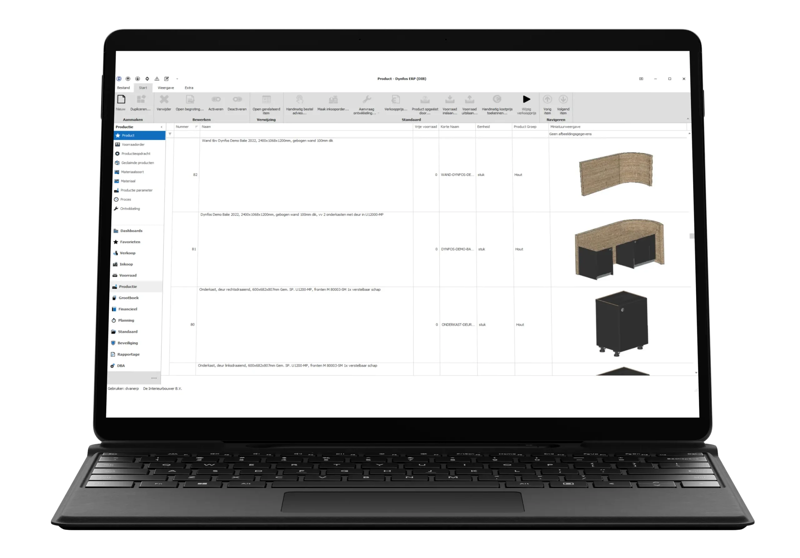 Laptop met ERP-interface waarin een productoverzicht wordt getoond inclusief productomschrijvingen, artikelnummers, materiaalsoorten en visuele weergaven van meubels.