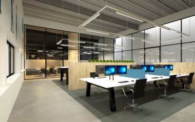 Moderne open kantoorruimte met ergonomische bureaus, glazen wanden en hangende LED-verlichting, interieurontwerp Dynfos Business Solutions.